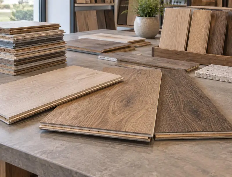 Laminate flooring sample boards showing several oak and walnut tones