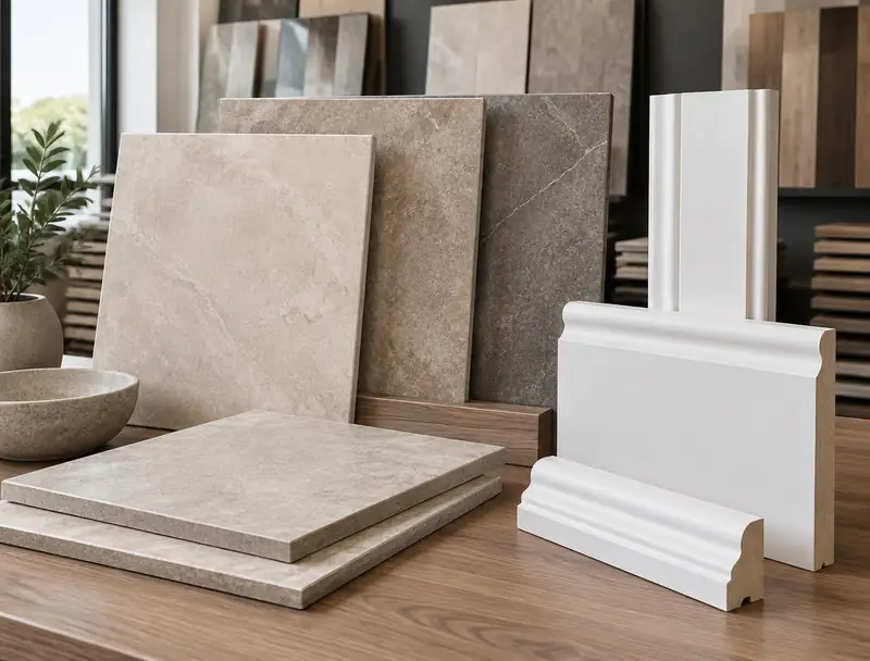 Stone-look porcelain tile samples arranged in a showroom